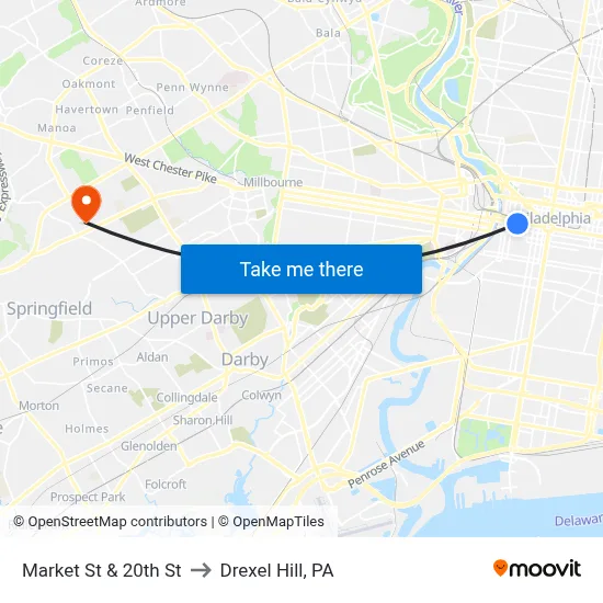Market St & 20th St to Drexel Hill, PA map
