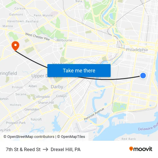 7th St & Reed St to Drexel Hill, PA map