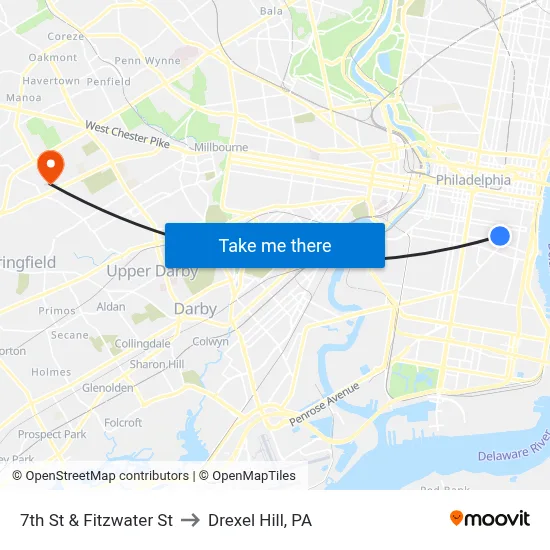 7th St & Fitzwater St to Drexel Hill, PA map