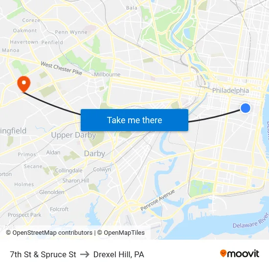 7th St & Spruce St to Drexel Hill, PA map