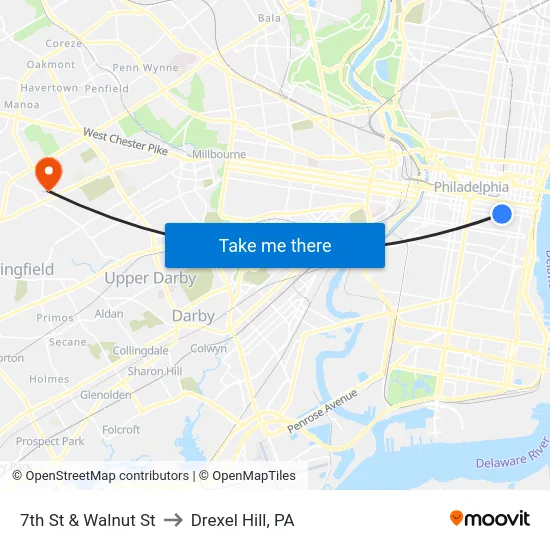 7th St & Walnut St to Drexel Hill, PA map