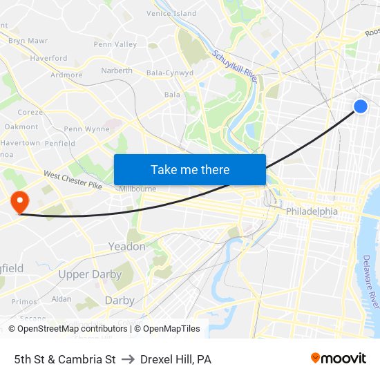 5th St & Cambria St to Drexel Hill, PA map