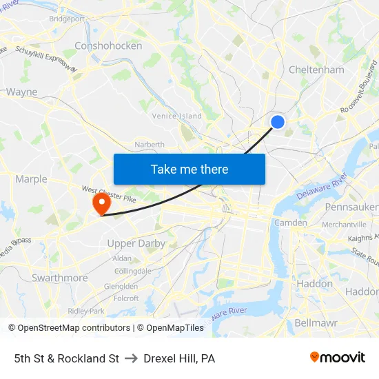 5th St & Rockland St to Drexel Hill, PA map