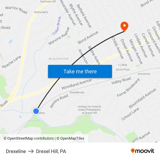 Drexeline to Drexel Hill, PA map
