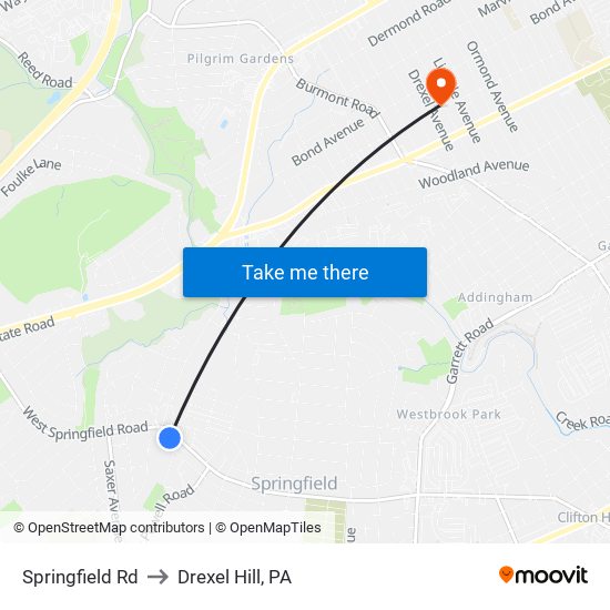 Springfield Rd to Drexel Hill, PA map