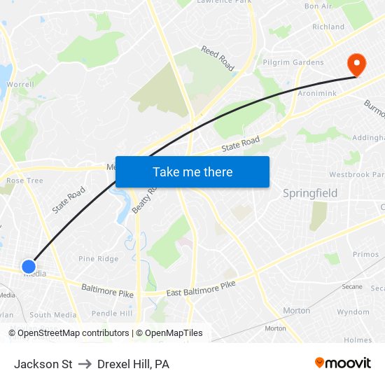 Jackson St to Drexel Hill, PA map