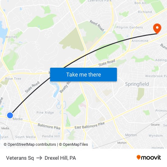 Veterans Sq to Drexel Hill, PA map