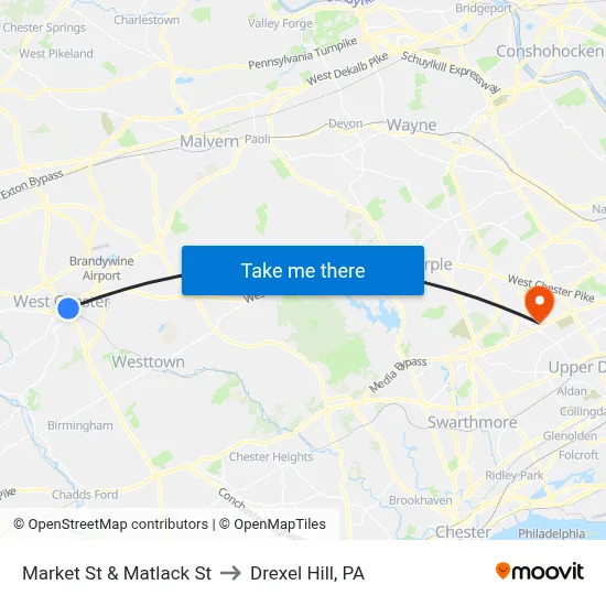 Market St & Matlack St to Drexel Hill, PA map