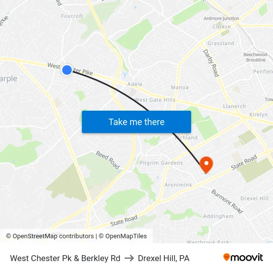 West Chester Pk & Berkley Rd to Drexel Hill, PA map