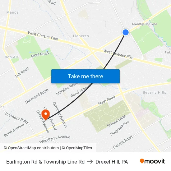 Earlington Rd & Township Line Rd to Drexel Hill, PA map