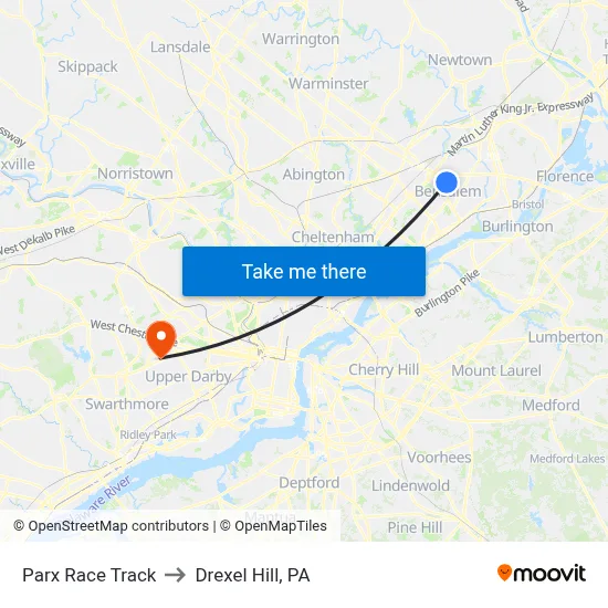 Parx Race Track to Drexel Hill, PA map