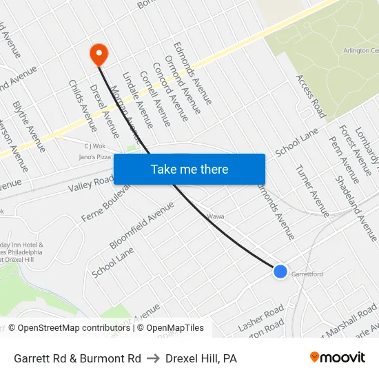 Garrett Rd & Burmont Rd to Drexel Hill, PA map