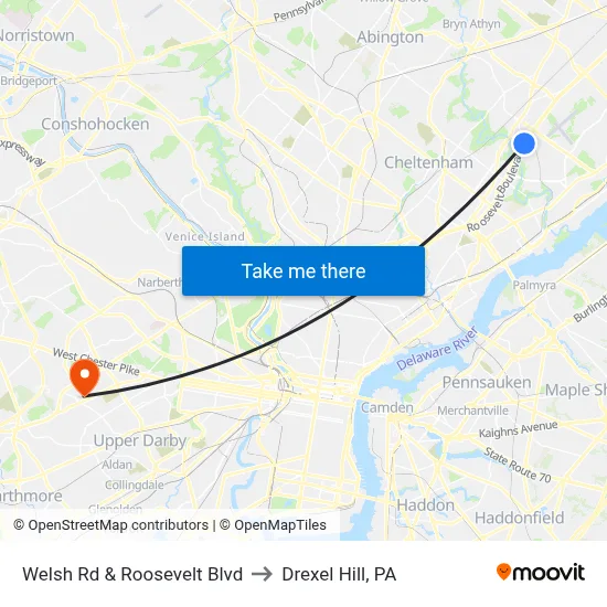 Welsh Rd & Roosevelt Blvd to Drexel Hill, PA map