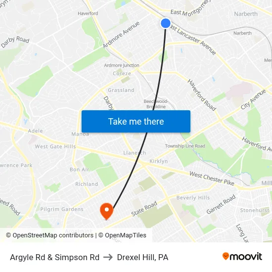 Argyle Rd & Simpson Rd to Drexel Hill, PA map