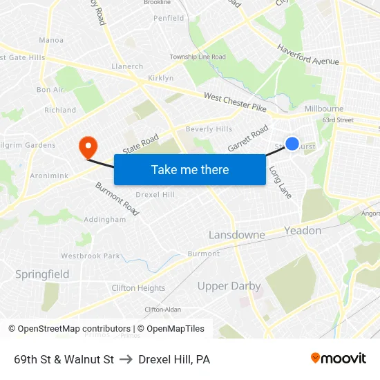 69th St & Walnut St to Drexel Hill, PA map