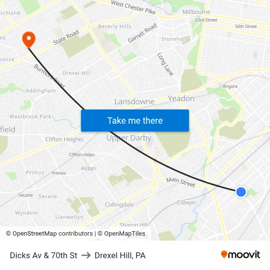 Dicks Av & 70th St to Drexel Hill, PA map