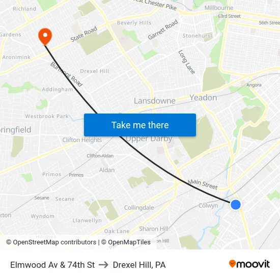 Elmwood Av & 74th St to Drexel Hill, PA map