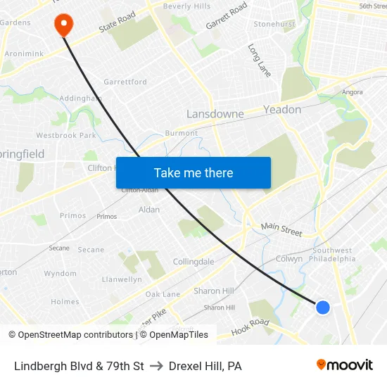 Lindbergh Blvd & 79th St to Drexel Hill, PA map
