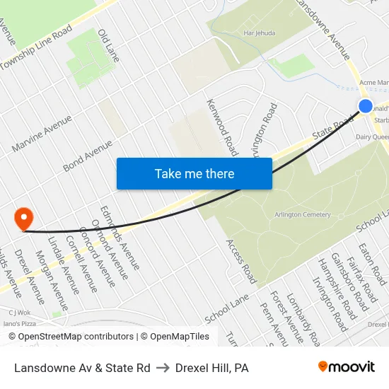 Lansdowne Av & State Rd to Drexel Hill, PA map