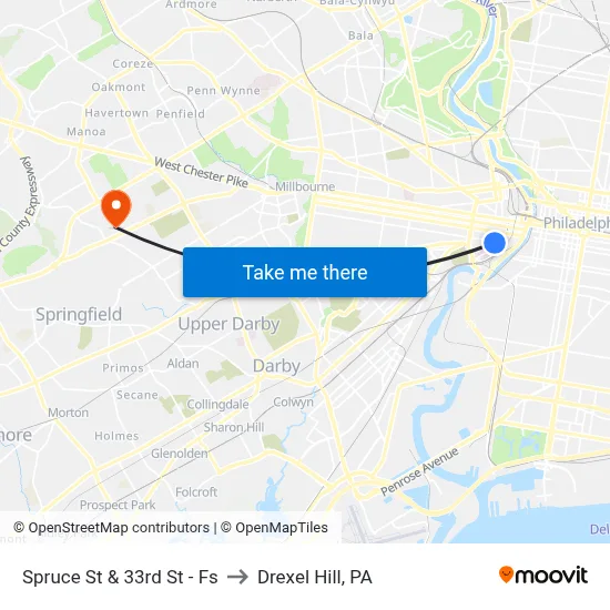 Spruce St & 33rd St - Fs to Drexel Hill, PA map