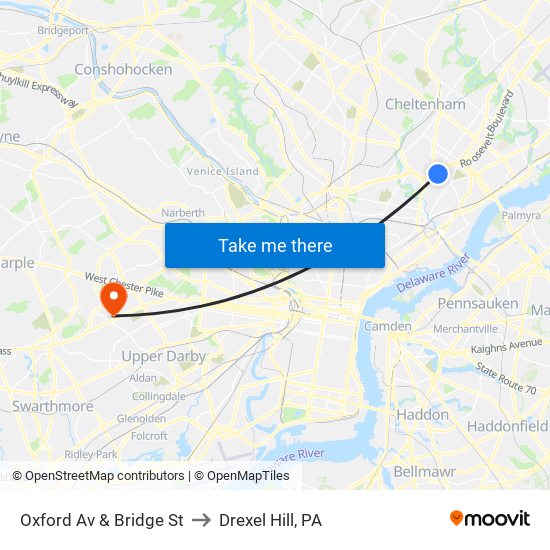 Oxford Av & Bridge St to Drexel Hill, PA map