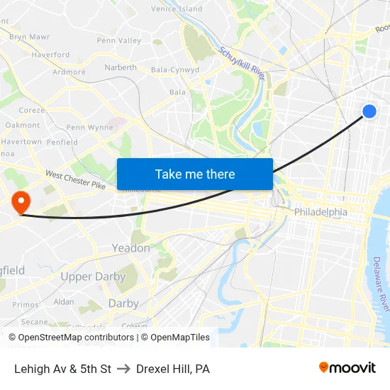Lehigh Av & 5th St to Drexel Hill, PA map