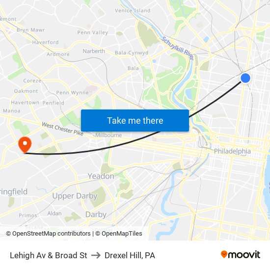 Lehigh Av & Broad St to Drexel Hill, PA map