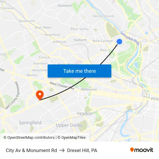 City Av & Monument Rd to Drexel Hill, PA map