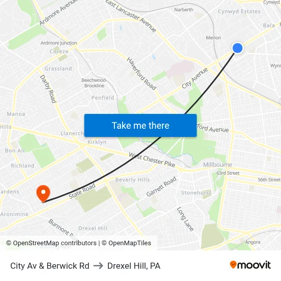 City Av & Berwick Rd to Drexel Hill, PA map
