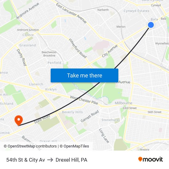 54th St & City Av to Drexel Hill, PA map