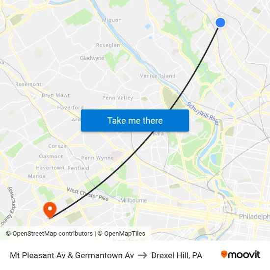 Mt Pleasant Av & Germantown Av to Drexel Hill, PA map