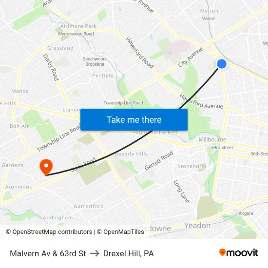 Malvern Av & 63rd St to Drexel Hill, PA map