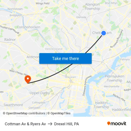 Cottman Av & Ryers Av to Drexel Hill, PA map