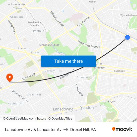 Lansdowne Av & Lancaster Av to Drexel Hill, PA map