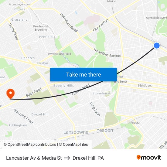 Lancaster Av & Media St to Drexel Hill, PA map