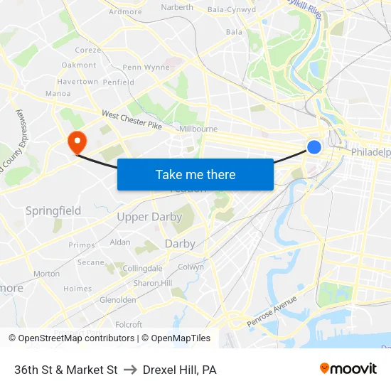 36th St & Market St to Drexel Hill, PA map