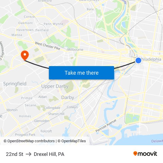 22nd St to Drexel Hill, PA map