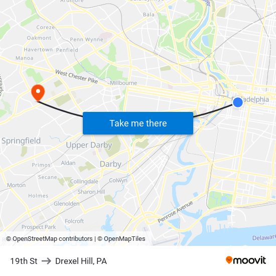 19th St to Drexel Hill, PA map