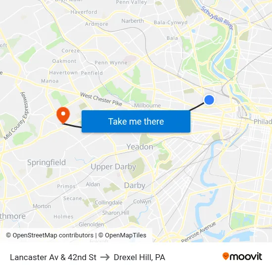 Lancaster Av & 42nd St to Drexel Hill, PA map
