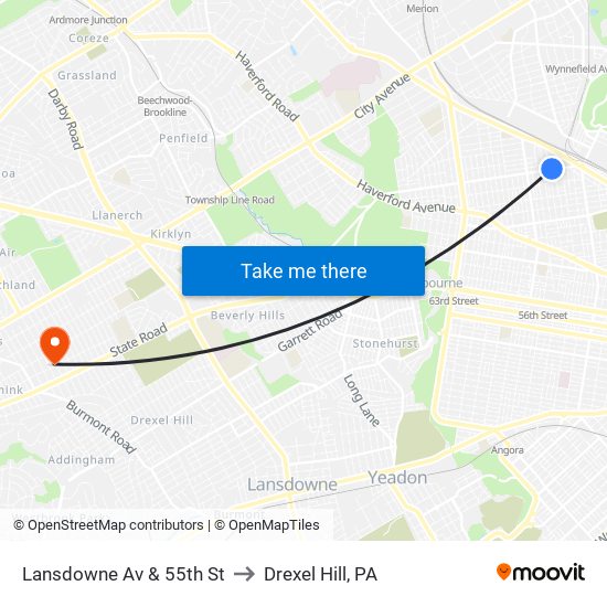 Lansdowne Av & 55th St to Drexel Hill, PA map