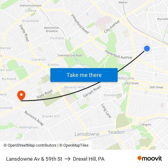Lansdowne Av & 59th St to Drexel Hill, PA map