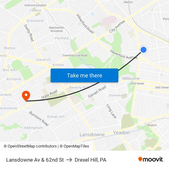 Lansdowne Av & 62nd St to Drexel Hill, PA map