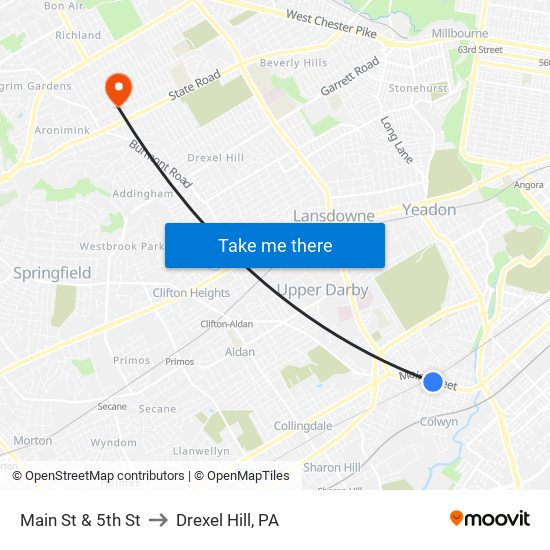 Main St & 5th St to Drexel Hill, PA map