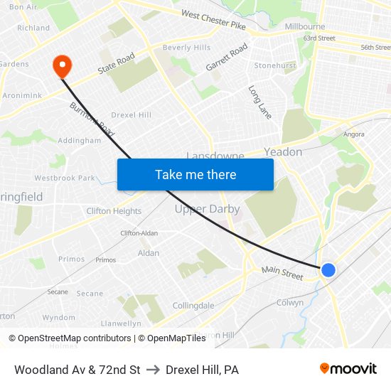 Woodland Av & 72nd St to Drexel Hill, PA map