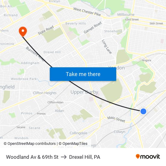 Woodland Av & 69th St to Drexel Hill, PA map
