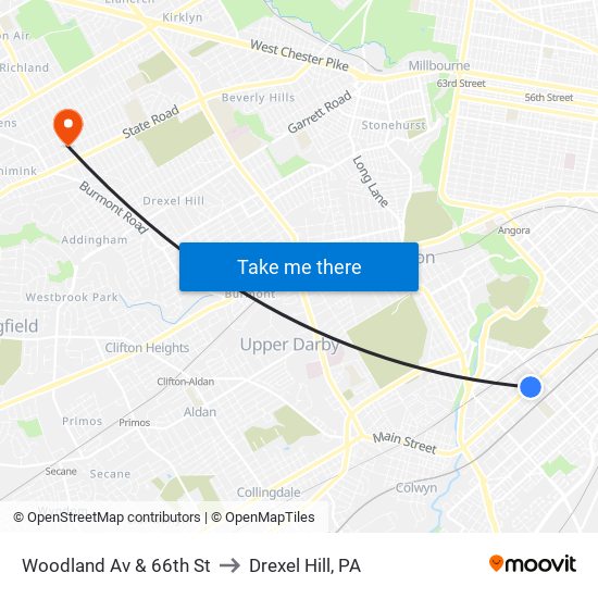 Woodland Av & 66th St to Drexel Hill, PA map