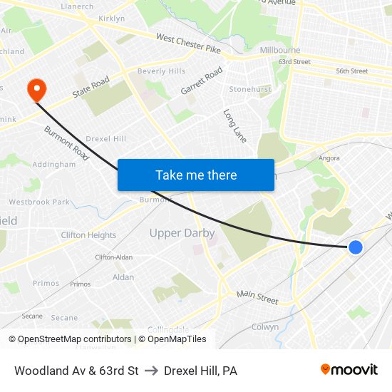 Woodland Av & 63rd St to Drexel Hill, PA map