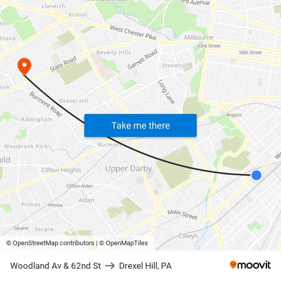 Woodland Av & 62nd St to Drexel Hill, PA map