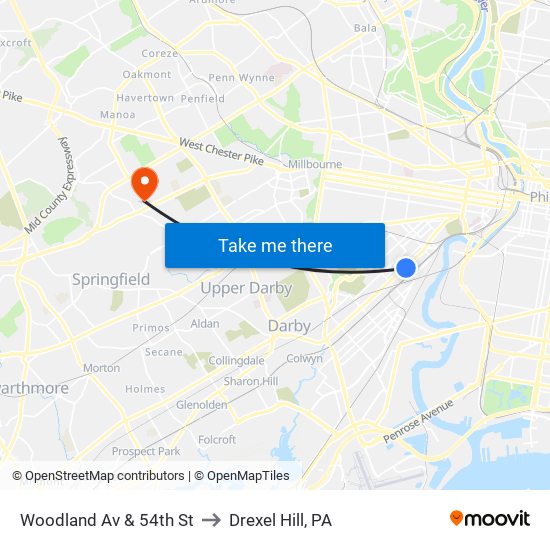 Woodland Av & 54th St to Drexel Hill, PA map