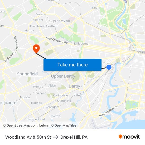 Woodland Av & 50th St to Drexel Hill, PA map